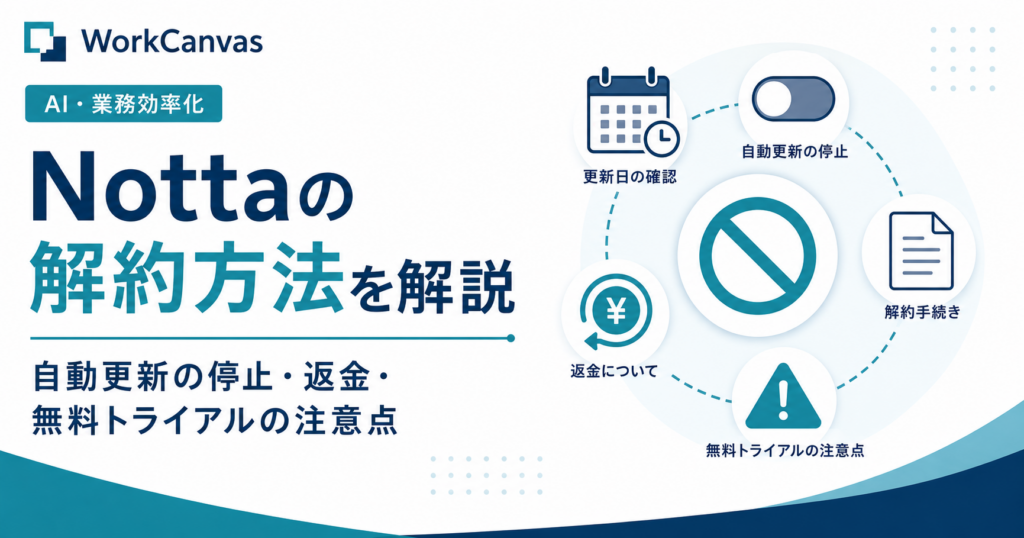 Nottaの解約方法、自動更新の停止、返金、無料トライアルの注意点を解説するアイキャッチ画像
