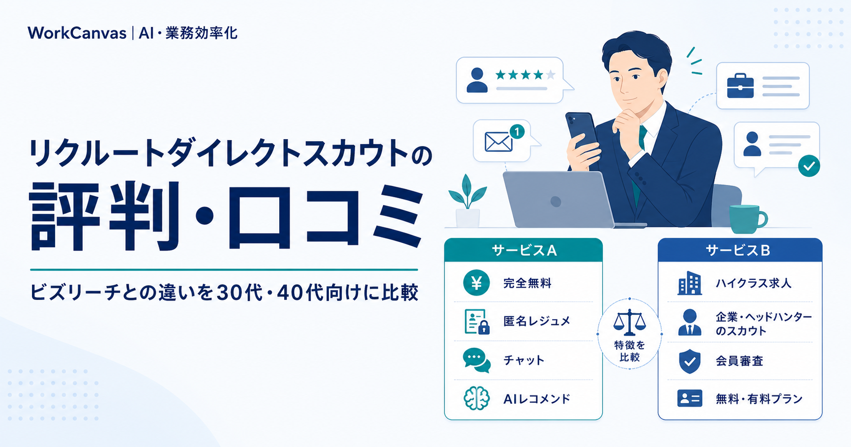 リクルートダイレクトスカウトの評判とビズリーチとの違いを比較したイメージ