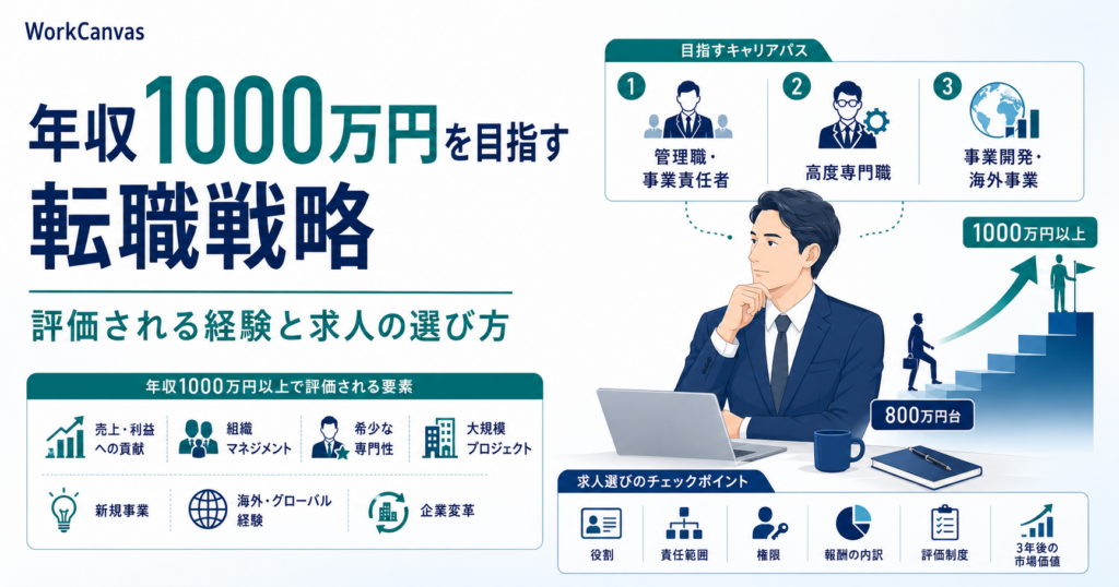 年収1000万円を目指す転職戦略と評価される経験・求人の選び方を示した図解