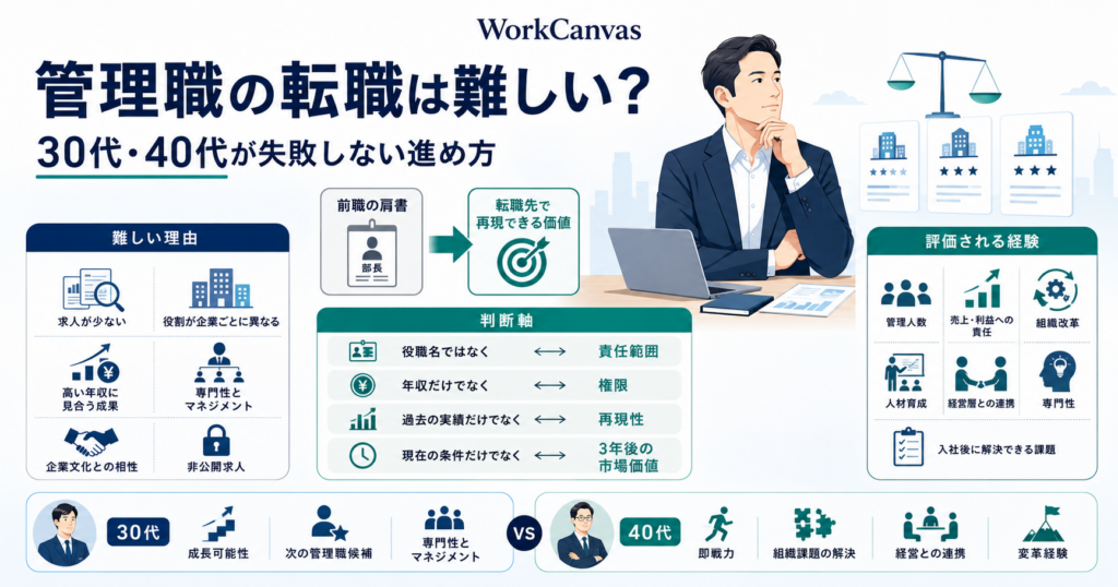 管理職の転職が難しい理由と30代・40代が失敗しない進め方を示した図解