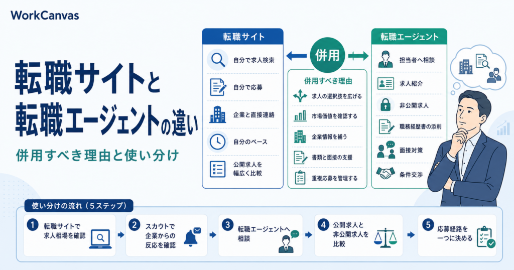 転職サイトと転職エージェントの違いと併用すべき理由・使い分けを示した図解