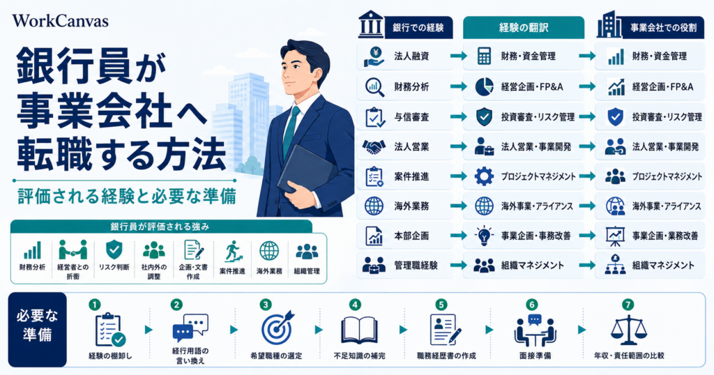 銀行員が事業会社へ転職する方法と評価される経験・必要な準備を示した図解