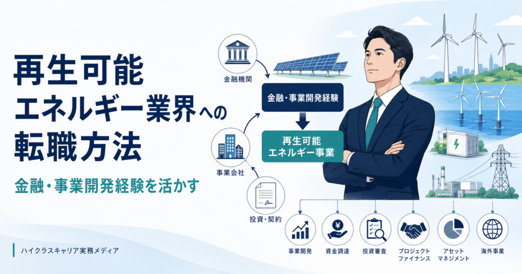 金融・事業開発経験を活かした再生可能エネルギー業界への転職方法を示す図解