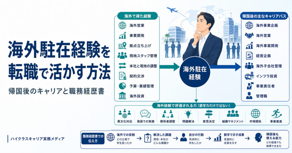 海外駐在経験を転職で活かす方法と帰国後のキャリアを示す図解