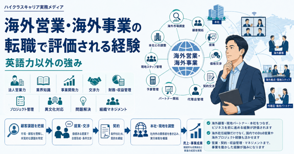 海外営業・海外事業の転職で評価される英語力以外の強みを示す図解