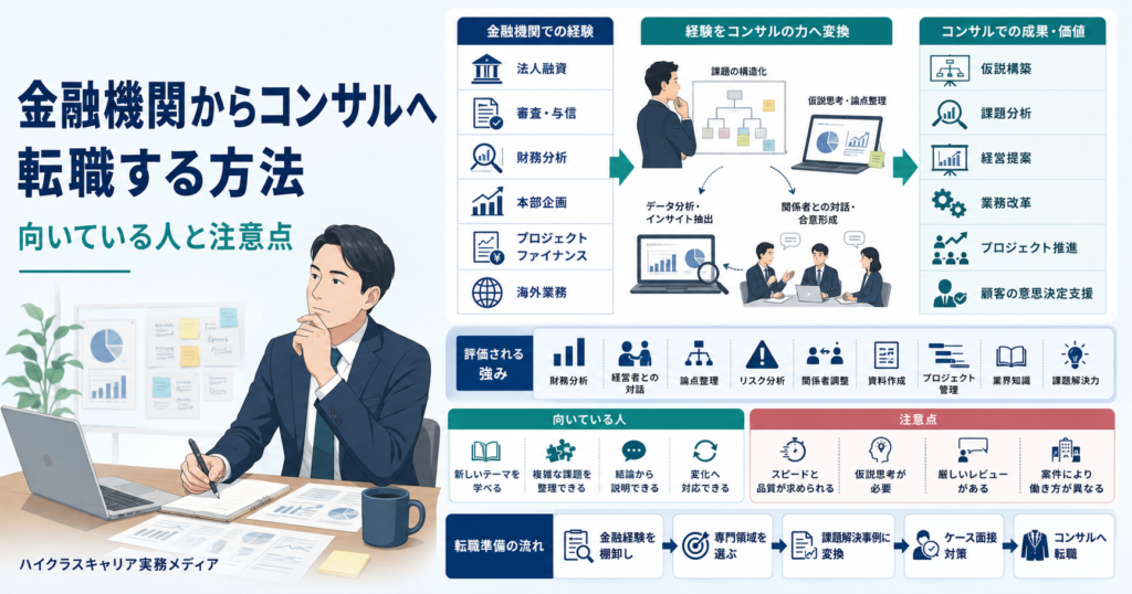 金融機関からコンサルへ転職する方法と向いている人・注意点を示す図解