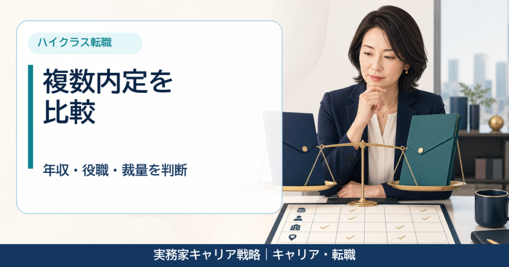 複数内定の年収・役職・裁量を評価表で比較する40代女性のアイキャッチ画像