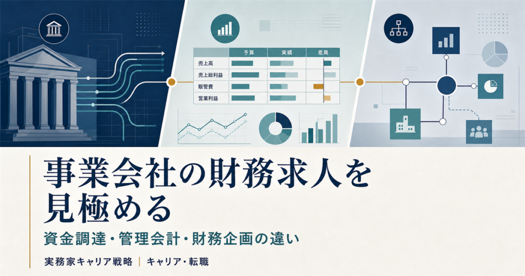 事業会社の財務求人を資金調達・管理会計・財務企画に分けて比較する図