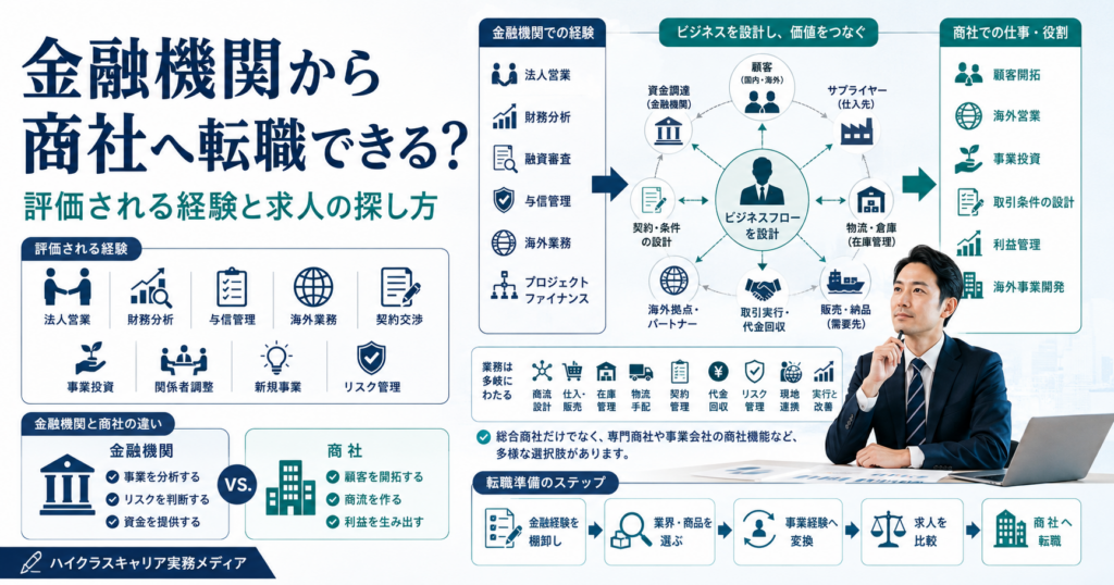 金融機関から商社へ転職する際に評価される経験と求人の探し方を示す図解