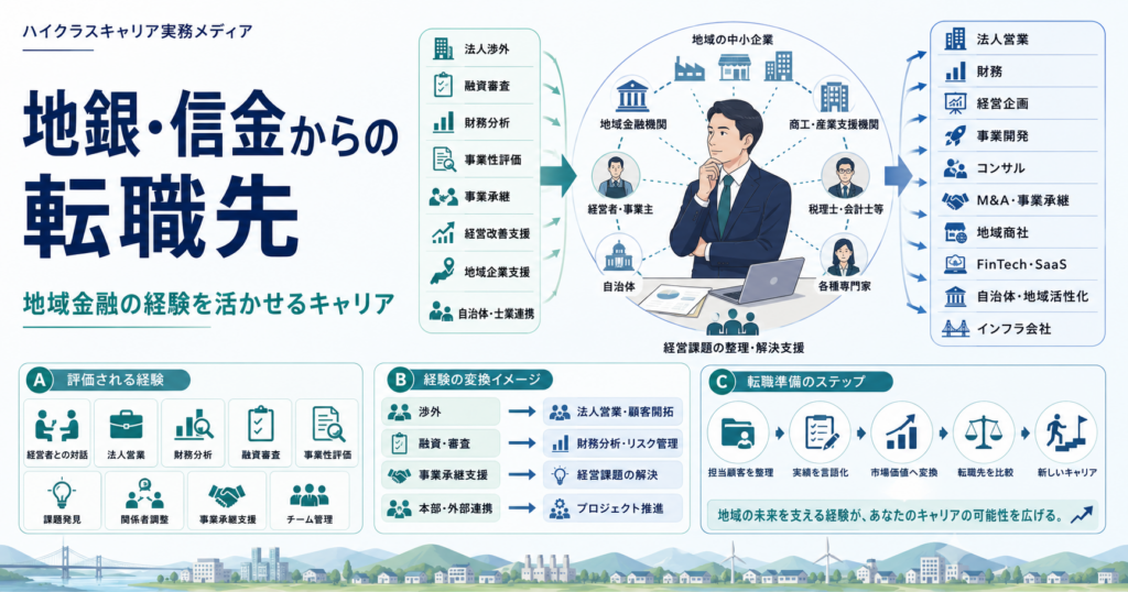 地銀・信金からの転職先と地域金融の経験を活かせるキャリアを示す図解
