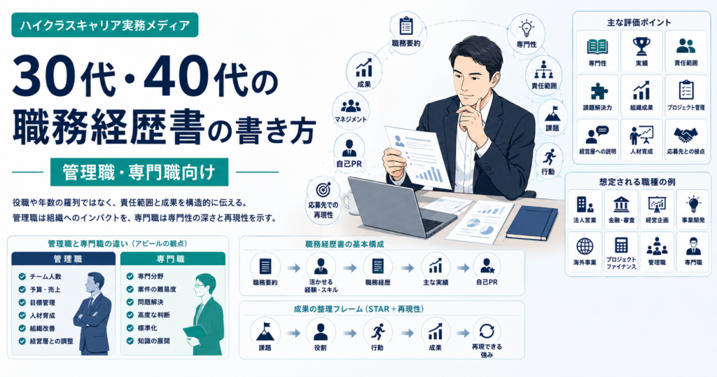 30代・40代の管理職・専門職向け職務経歴書の書き方を示す図解