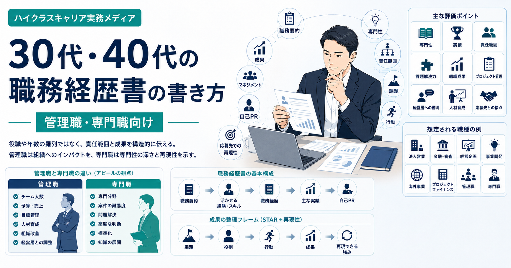 30代・40代の管理職・専門職向け職務経歴書の書き方を示す図解