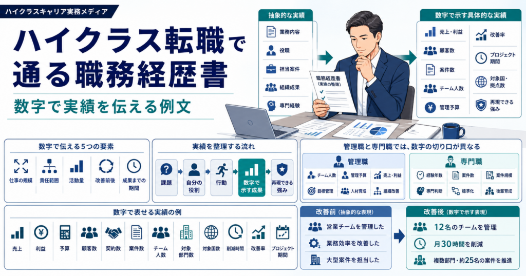 ハイクラス転職で通る職務経歴書と数字で実績を伝える考え方を示す図解