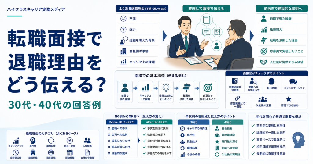 30代・40代が転職面接で退職理由を前向きかつ誠実に伝える方法を示す図解
