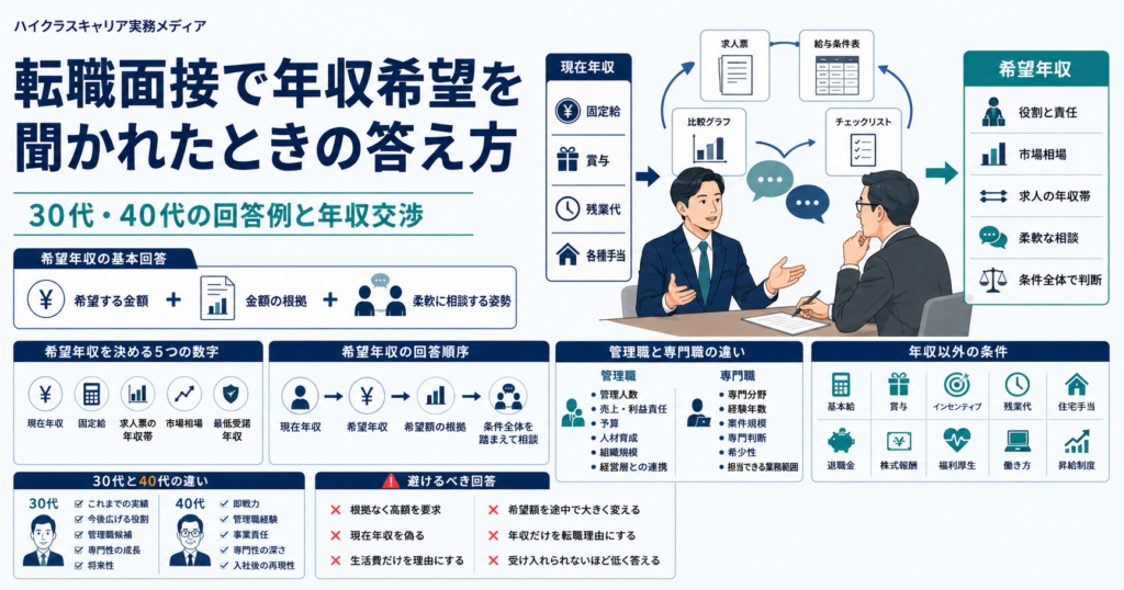 30代・40代が転職面接で希望年収を伝える方法と年収交渉の考え方を示す図解