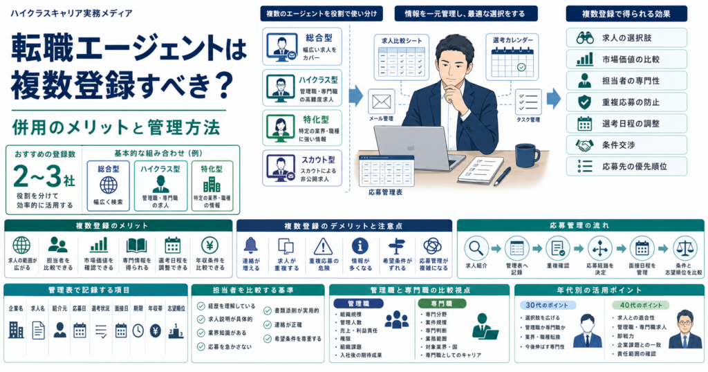 転職エージェントを2〜3社併用するメリットと応募状況の管理方法を示す図解