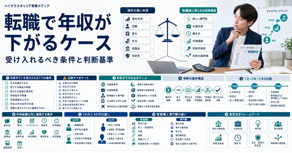 転職で年収が下がるケースと受け入れる条件・判断基準を示す図解