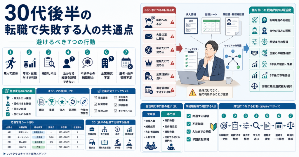 30代後半の転職で失敗しやすい行動と避けるべき判断ミスを示す図解