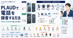 PLAUDをスマートフォン背面に装着してiPhone・Androidの電話を録音する手順を示す図解