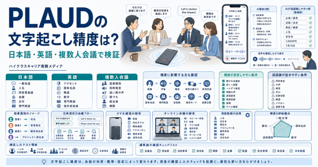 PLAUDの文字起こし精度を日本語・英語・複数人会議で比較し、誤認識や確認項目を示す図解