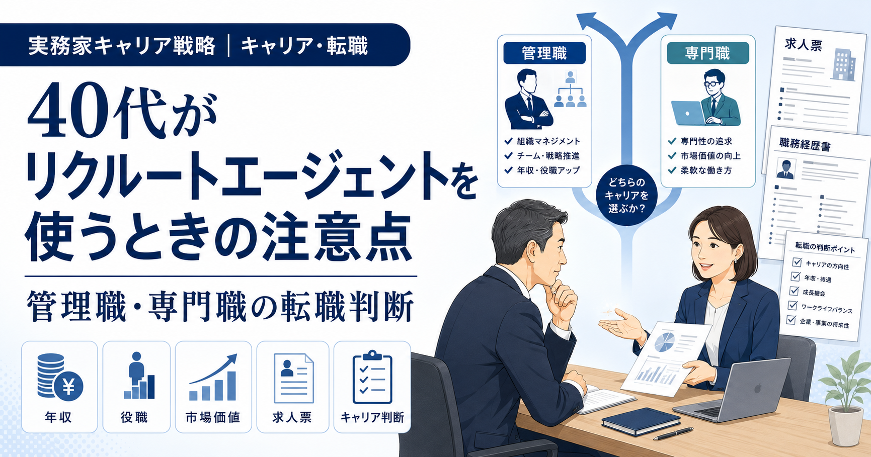40代がリクルートエージェントを使うときの注意点と管理職・専門職の転職判断を解説する記事のアイキャッチ画像