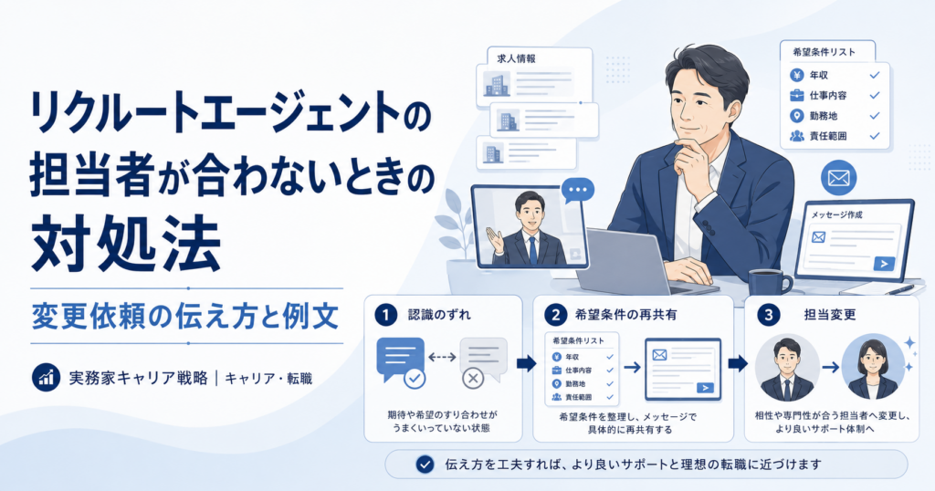 リクルートエージェントの担当者が合わないときの対処法と担当変更の依頼例文を解説する記事のアイキャッチ画像