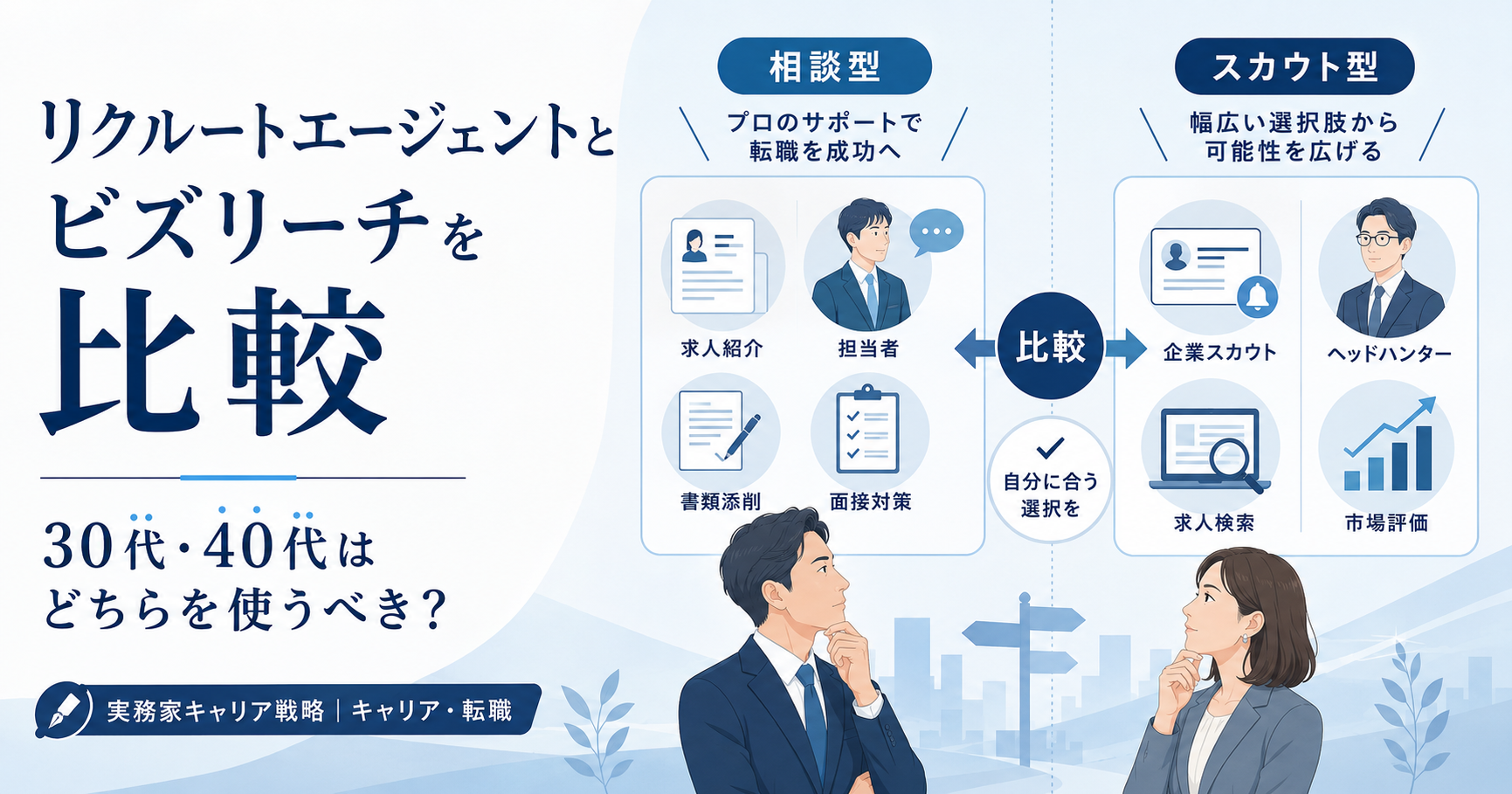 リクルートエージェントとビズリーチを両方利用した筆者が30代・40代の使い分けを比較する記事のアイキャッチ画像