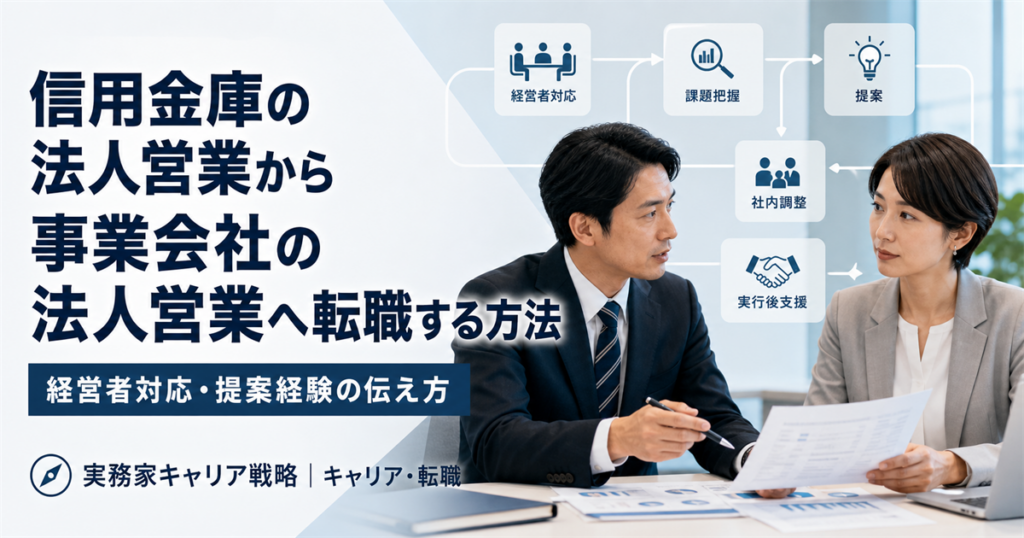 信用金庫の法人営業経験を経営者対応・課題把握・提案へ整理する男女の日本人ビジネスパーソン