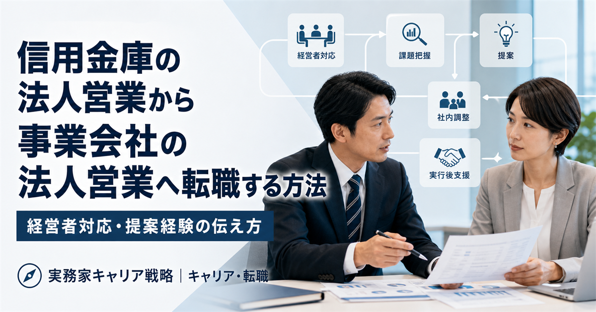 信用金庫の法人営業経験を経営者対応・課題把握・提案へ整理する男女の日本人ビジネスパーソン