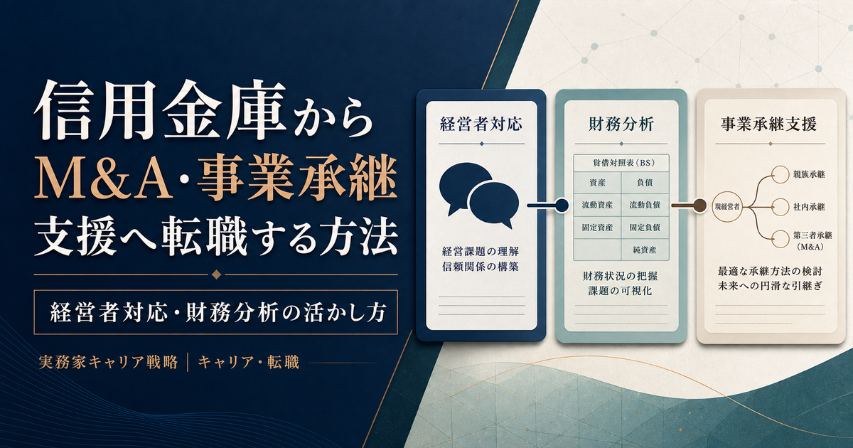 信用金庫からM&A・事業承継支援への転職で経営者対応・財務分析・事業承継を整理する構造図