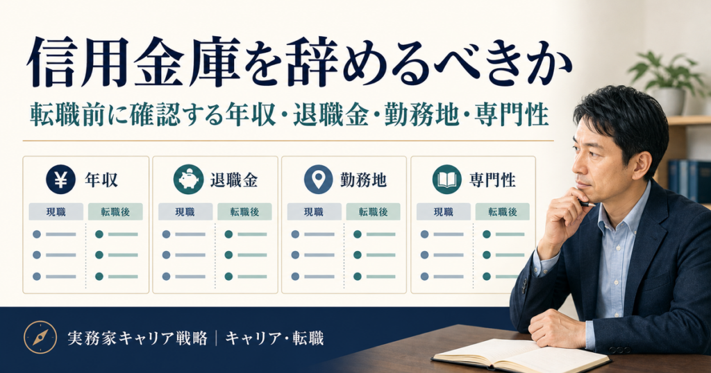 信用金庫を辞める前に年収・退職金・勤務地・専門性を比較する日本人男性ビジネスパーソン