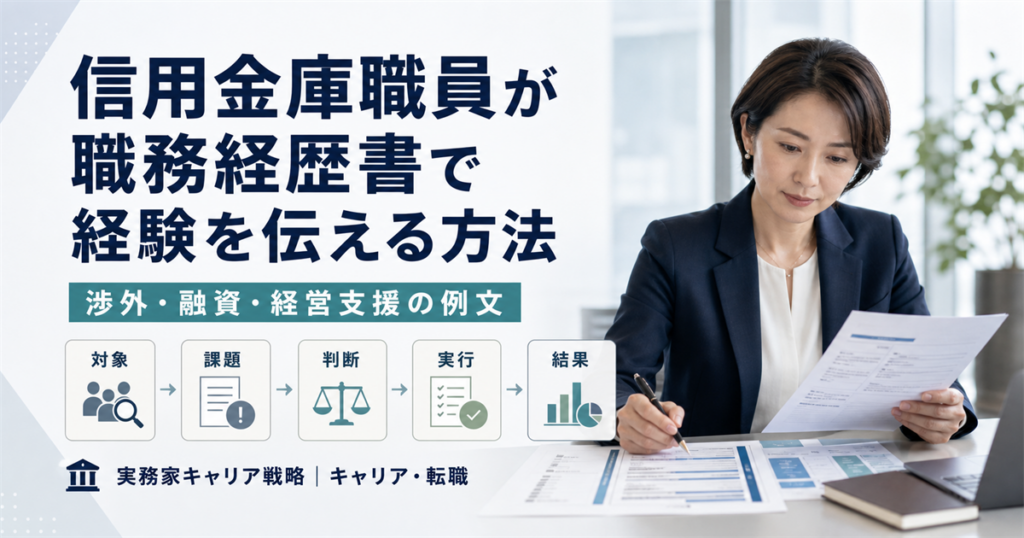 信用金庫職員が渉外・融資・経営支援の経験を職務経歴書へ整理する日本人女性ビジネスパーソン