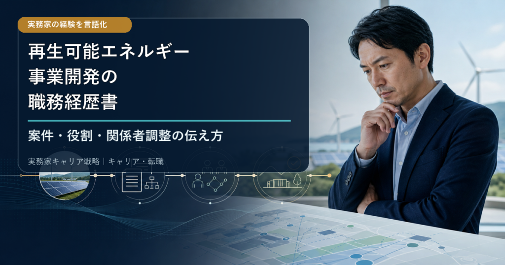 再生可能エネルギー事業開発の案件・役割・関係者調整を職務経歴書へ整理する日本人男性ビジネスパーソン