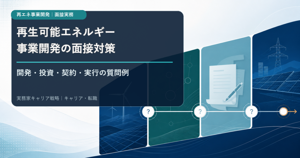 再生可能エネルギー事業開発の面接で開発・投資・契約・実行の質問を整理する構造図