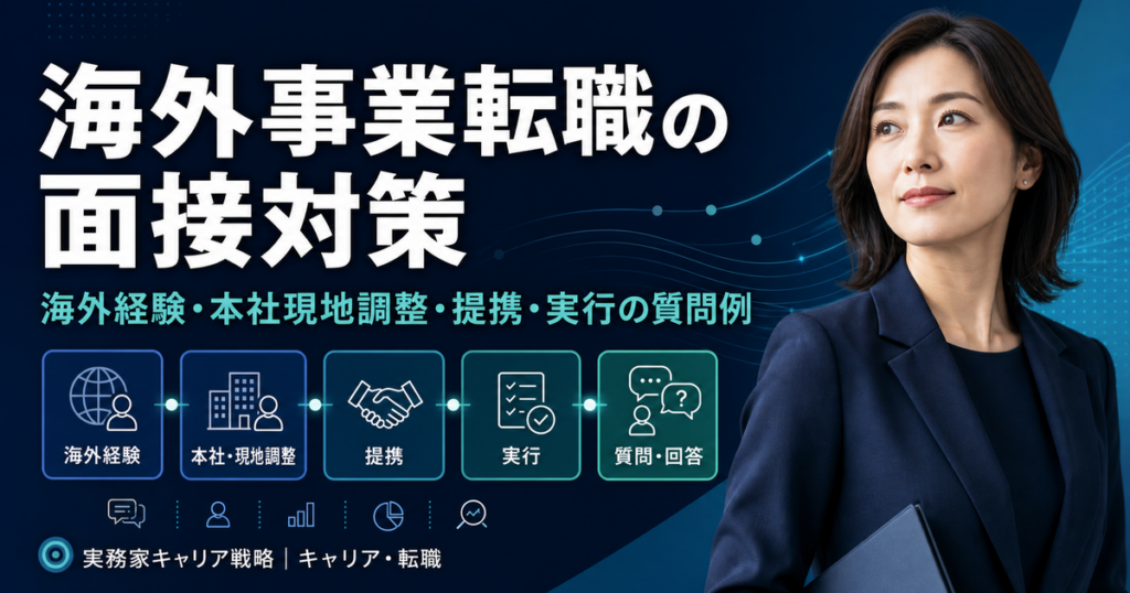 海外事業転職の面接で海外経験から本社現地調整・提携・実行・質問回答へ整理する日本人女性ビジネスパーソン